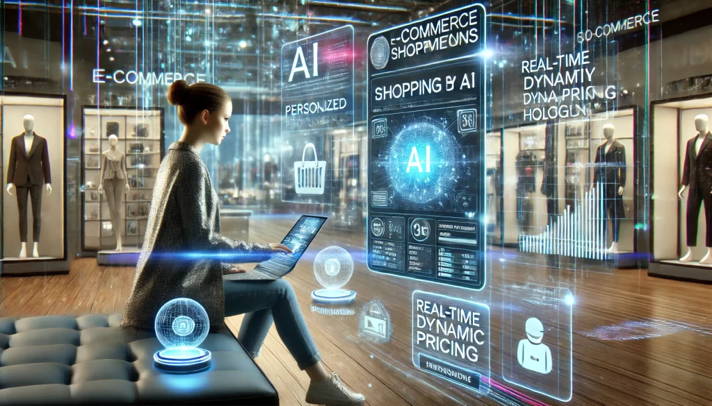 A futuristic e-commerce interface with AI-driven personalized product recommendations displayed as holograms, dynamic pricing, and chatbot assistance.