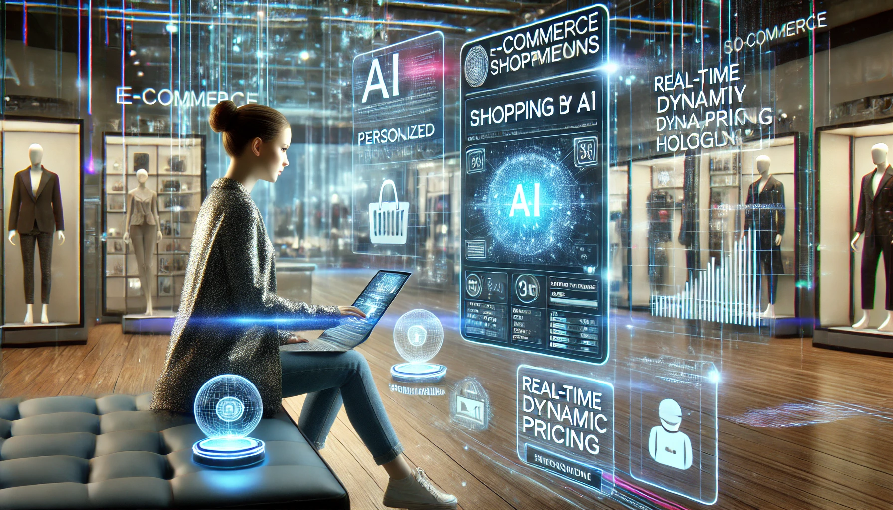 A futuristic e-commerce interface with AI-driven personalized product recommendations displayed as holograms, dynamic pricing, and chatbot assistance.
