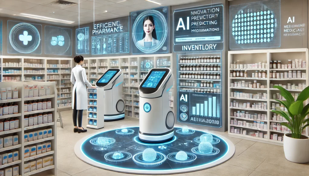 A futuristic pharmacy with AI-powered robotic dispensers, digital inventory prediction, and an AI assistant providing personalized medicine recommendations.
