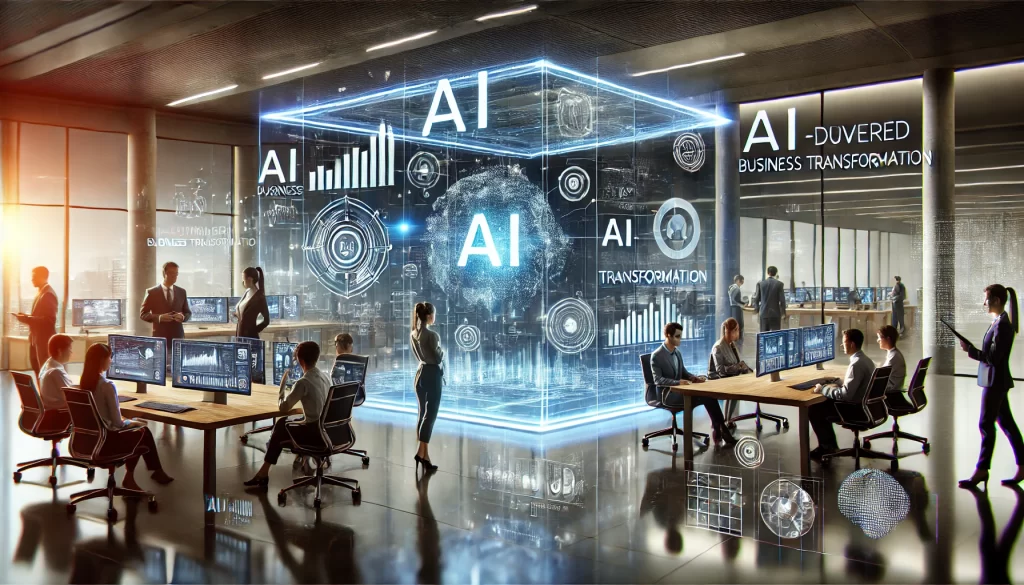 A high-tech office where a diverse team collaborates using AI-powered analytics, holographic data displays, and automated workflow assistants for business transformation.