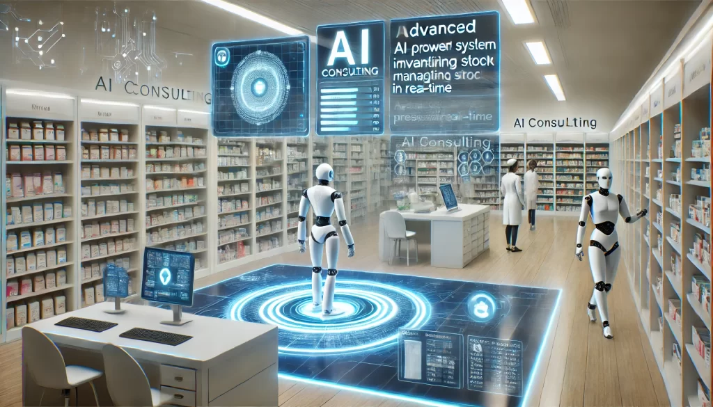 A high-tech pharmacy with AI-powered inventory management, robotic prescription dispensers, and digital patient recommendations for cost savings and efficiency.