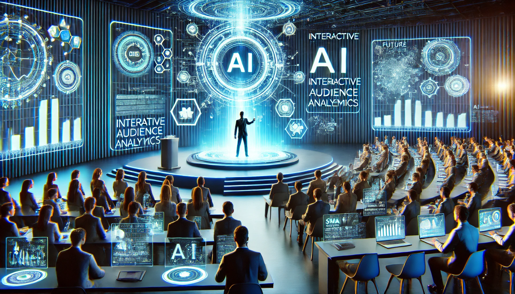 A speaker delivers a high-tech AI-driven presentation with holographic visuals, interactive audience analytics, and real-time speech enhancement in a futuristic setting.