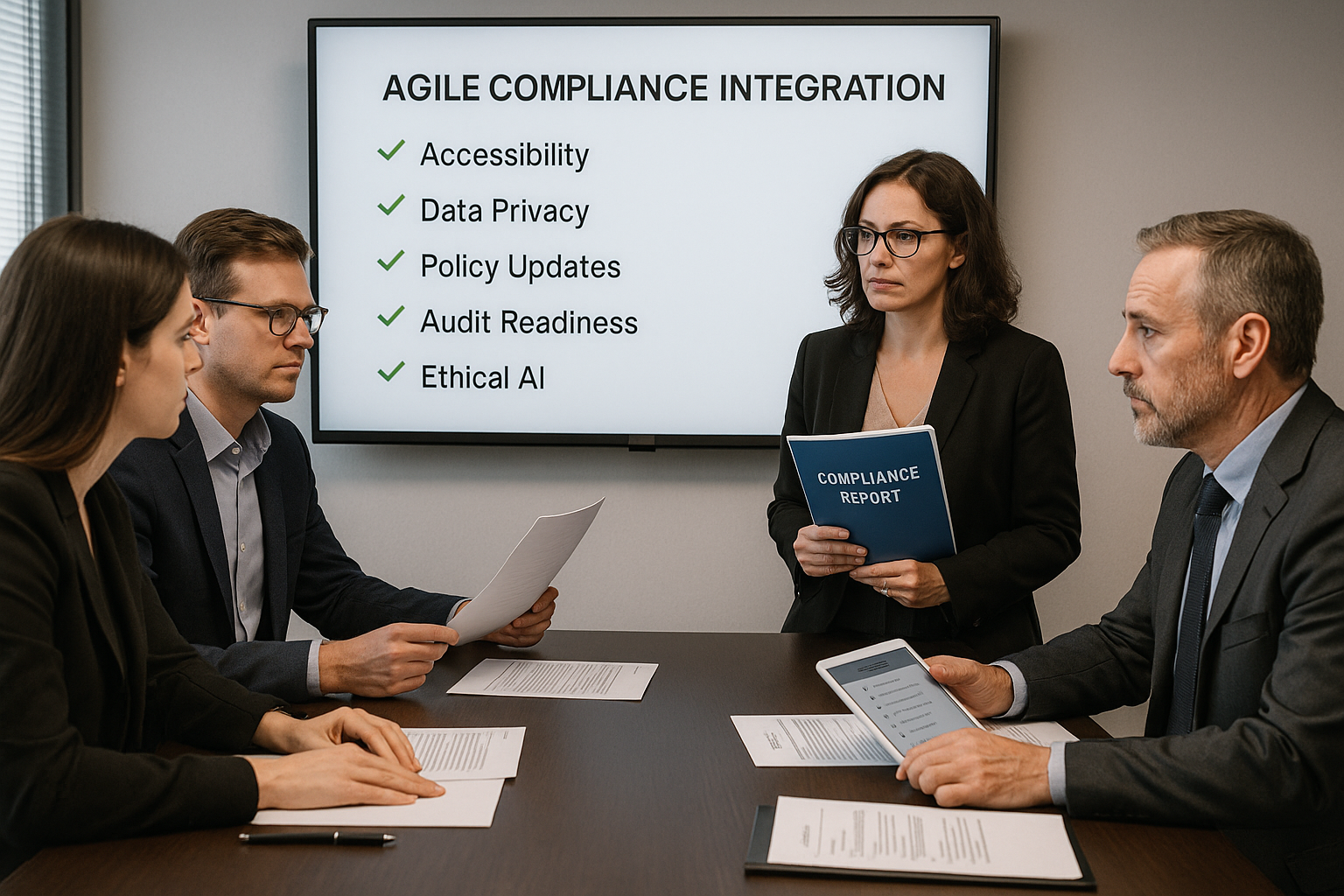 Professionals in a government office review a compliance dashboard titled ‘Agile Compliance Integration,’ highlighting accessibility, data privacy, policy updates, audit readiness, and ethical AI.