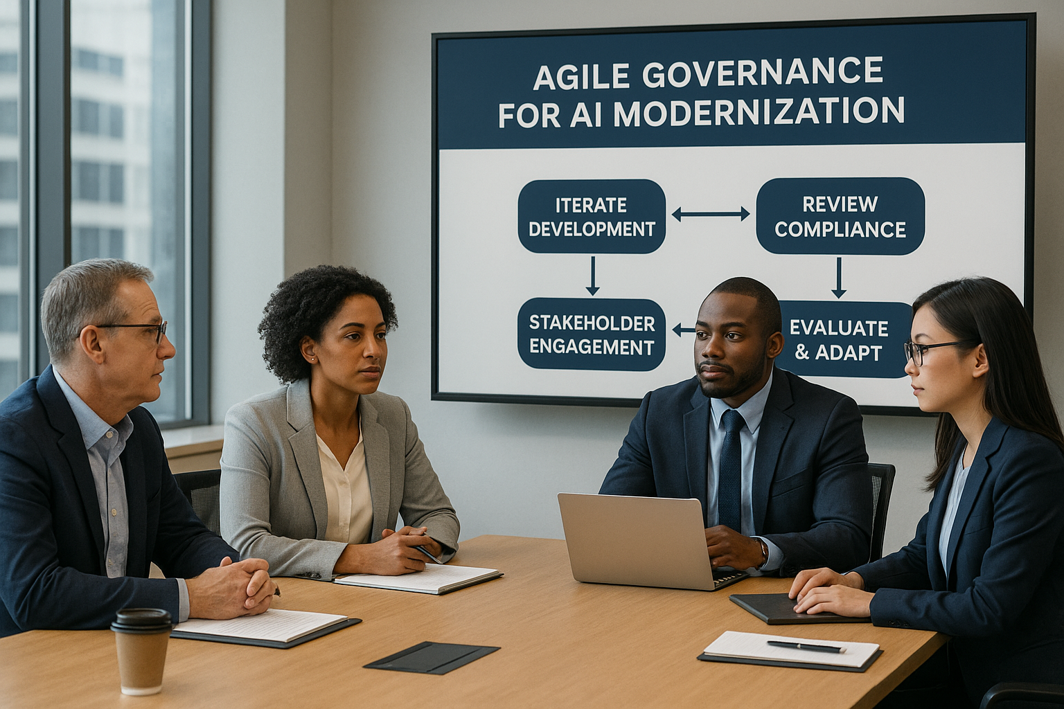 A diverse group of four professionals sit around a conference table in a modern office, reviewing a presentation titled ‘Agile Governance for AI Modernization.’ A large screen behind them shows a flowchart with steps including iterate development, stakeholder engagement, review compliance, and evaluate & adapt.