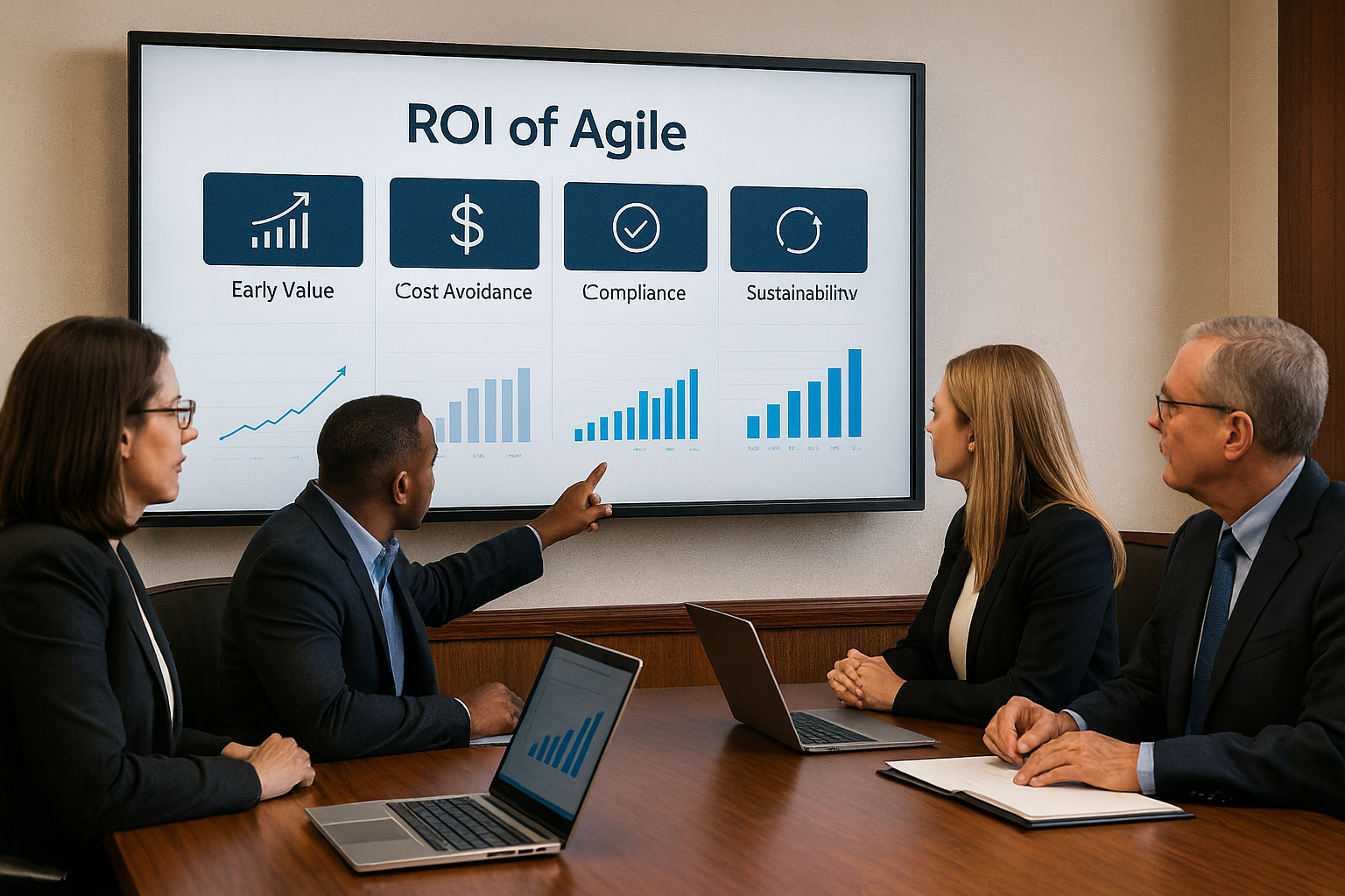 Public sector leaders review a digital dashboard labeled ‘ROI of Agile,’ displaying charts and metrics on early value, cost avoidance, compliance, and sustainability in a modern conference room.