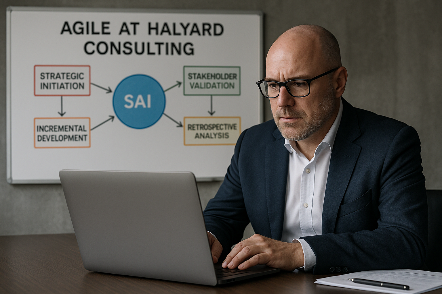 A middle-aged man in a navy suit and glasses works intently on a laptop at a wooden desk. Behind him, a whiteboard titled ‘Agile at Halyard Consulting’ shows a flowchart with steps including Strategic Initiation, Incremental Development, Stakeholder Validation, and Retrospective Analysis.