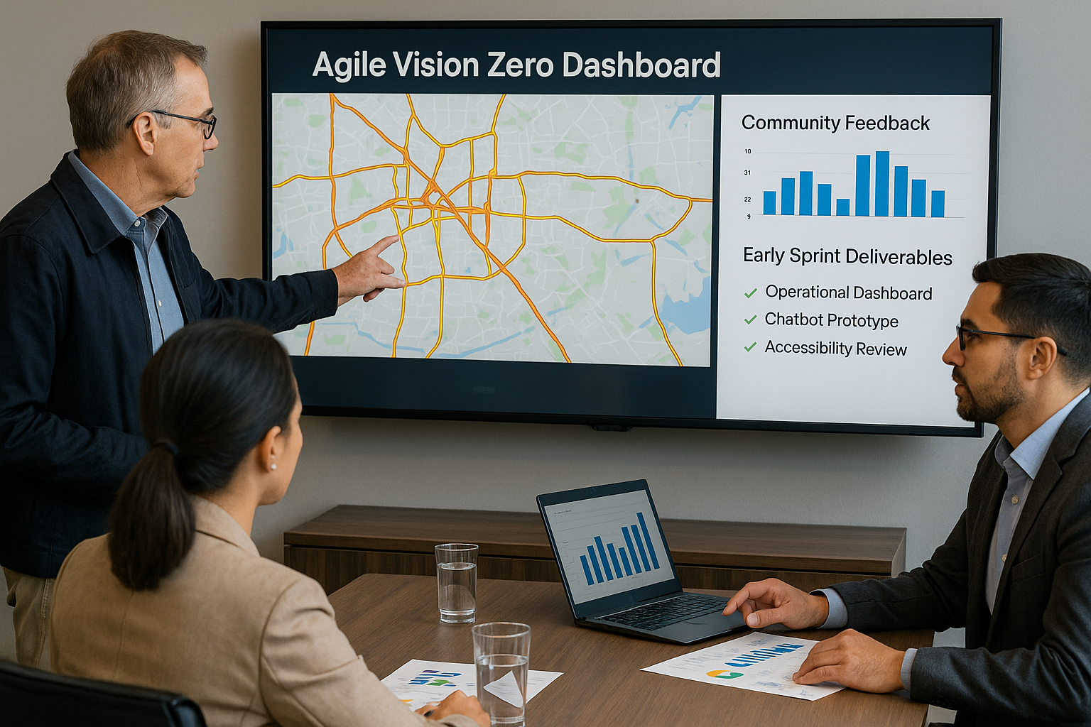 Municipal leaders and consultants review an Agile Vision Zero dashboard in a meeting, showing early wins like traffic maps, community engagement data, and compliance checkmarks.