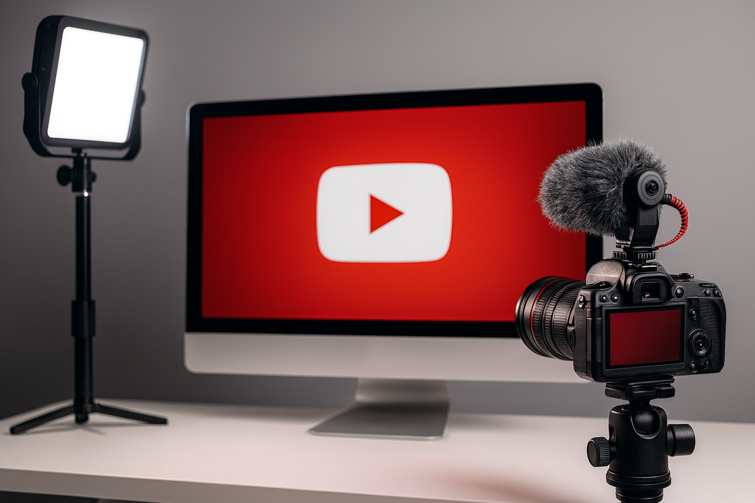 Professional video setup with camera, monitor and lights