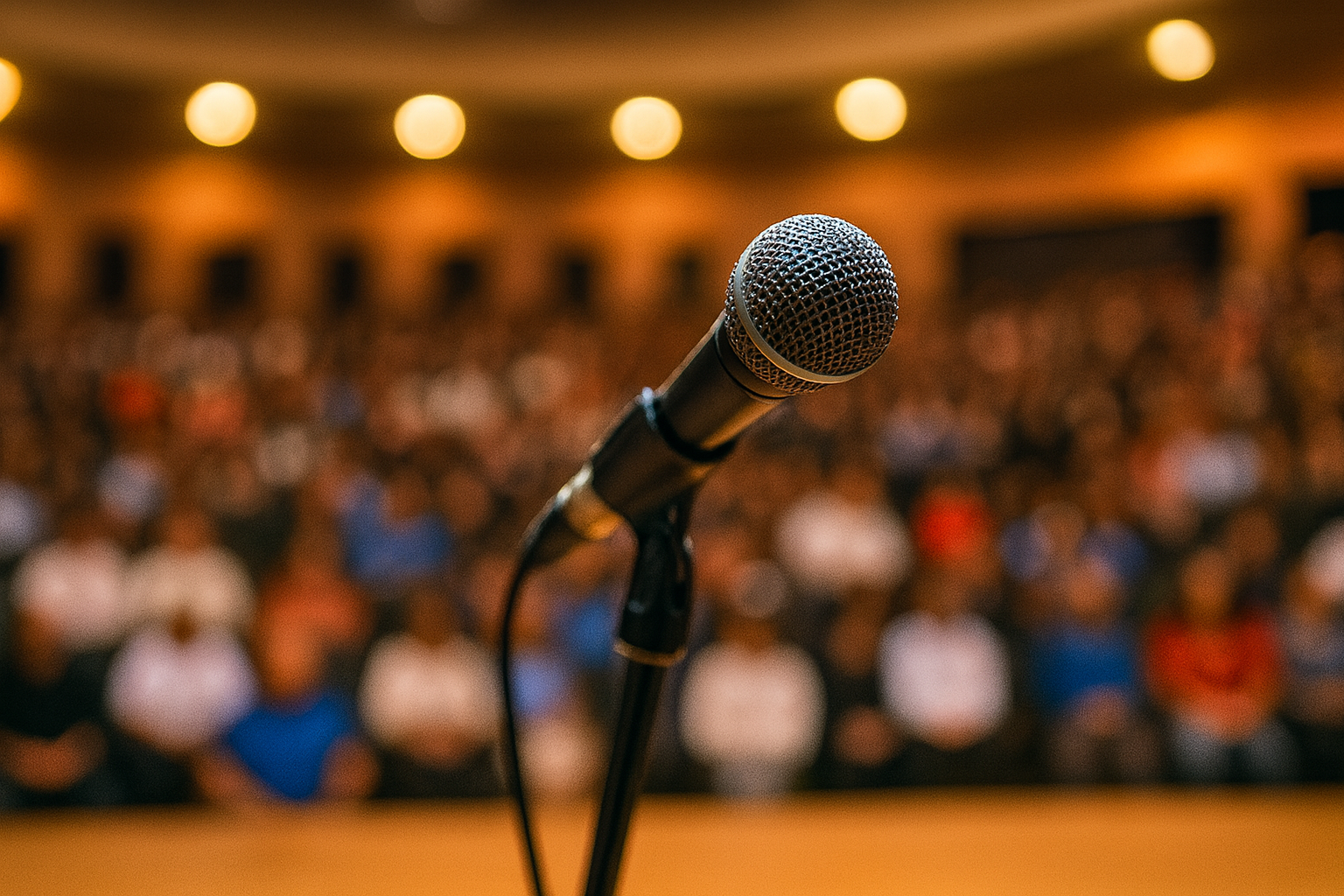 Conference microphone on stage with audience